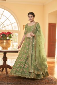 Pista Green Bridal Chinnon Silk Lehenga Choli with Blouse and Dupatta