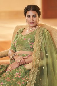 Pista Green Bridal Chinnon Silk Lehenga Choli with Blouse and Dupatta