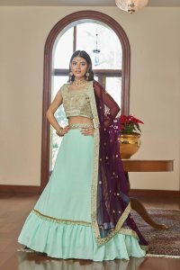 Light Aqua Green Bridal and Party Wear Titan Silk Lehenga with Blouse and Dupatta