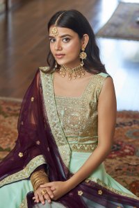 Light Aqua Green Bridal and Party Wear Titan Silk Lehenga with Blouse and Dupatta