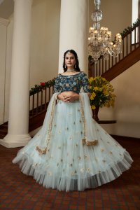 Sky Blue Bridal and Party Wear Kum Kum Silk Lehenga Choli with Blouse and Dupatta