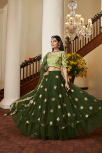 Mehendi Green Bridal and Party Wear Kum Kum Silk Lehenga Choli with Blouse and Dupatta