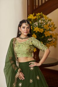 Mehendi Green Bridal and Party Wear Kum Kum Silk Lehenga Choli with Blouse and Dupatta