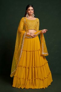 Yellow Faux Georgette Party Wear and Sangeet Wear Lehenga with Blouse and Dupatta