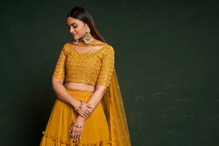 Yellow Faux Georgette Party Wear and Sangeet Wear Lehenga with Blouse and Dupatta