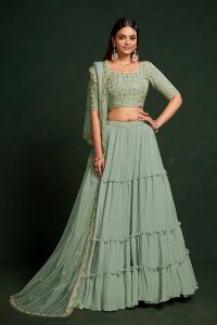 Pista Faux Georgette Party Wear and Sangeet Wear Lehenga with Blouse and Dupatta