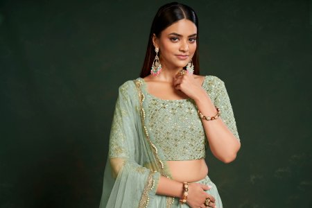 Pista Faux Georgette Party Wear and Sangeet Wear Lehenga with Blouse and Dupatta