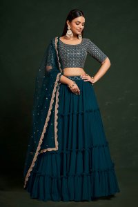 Teal Blue Faux Georgette Party Wear and Sangeet Wear Lehenga with Blouse and Dupatta