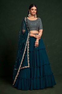 Teal Blue Faux Georgette Party Wear and Sangeet Wear Lehenga with Blouse and Dupatta