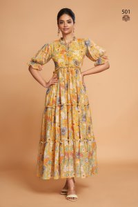 Elegant Light Yellow Faux Georgette Western Gown Dresses for Women