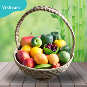 Handmade round fruit basket sabai grass & date palm