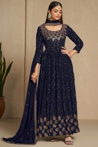 Navy Blue Party Wear and Sangeet Wear Elegant Faux Georgette Gown with Matching Dupatta