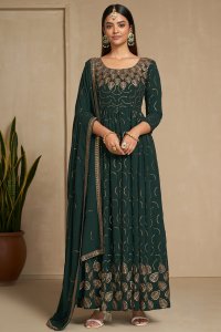 Dark Green Party Wear and Sangeet Wear Elegant Faux Georgette Gown with Matching Dupatta