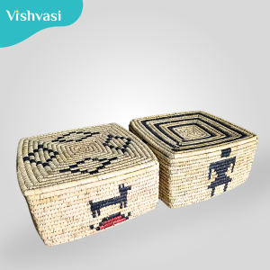 Handmade square 2 gift boxes with lid sabai grass