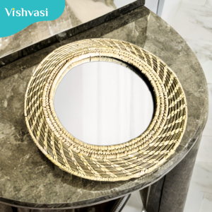Handmade round mirror sabai grass & date palm