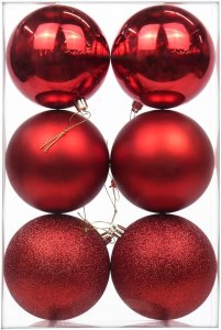 Set of 6 Plastic Christmas Ball Ornaments 3 Unique Patterns with Hanging Loops Ideal for Xmas Trees Wedding Parties and Festive Home Decor in Vibrant Red