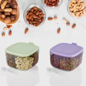 Storage Box Set Airtight Plastic Container Tray with Lid 4 Compartments and 4 Spoon Dry Fruit Chocolate and Snacks for Sweets Chips and Cookies 1 Piece