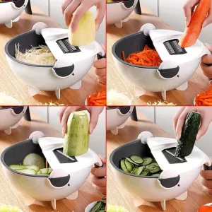 7 in 1 Multifunction Magic Rotate Vegetable Cutter with Drain Basket and Various Dicing Blades
