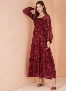 Maroon Gorgette Printed Western Maxi Dress for Women
