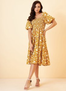 Yellow Rayon Designer Short Dress for Women
