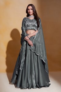 Gray Heavy Organza Bridal Party Wear and Sangeet Wear Lehenga with Blouse and Dupatta