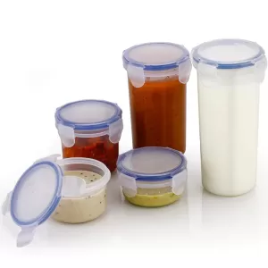 5 Pcs Set of Leak proof Plastic Liquid Round Airtight Food Storage Containers with Locking Lids  BPA Free Kitchen Container Transparent