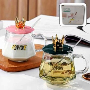 Golden Crown Mug with Spoon Glass Cup for Tea Coffee 1 Pc