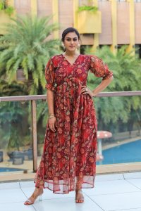 Floral Print Pure Organza Red Maxi Dress Elegant Summer Fashion