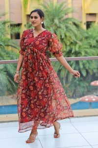 Floral Print Pure Organza Red Maxi Dress Elegant Summer Fashion
