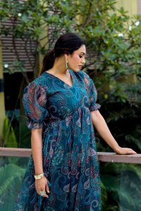 Floral Print Pure Organza Blue Maxi Dress Elegant Summer Fashion