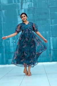 Floral Print Pure Organza Blue Maxi Dress Elegant Summer Fashion