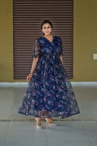 Floral Print Pure Organza Navy Blue Maxi Dress Elegant Summer Fashion