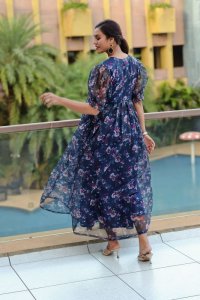Floral Print Pure Organza Navy Blue Maxi Dress Elegant Summer Fashion