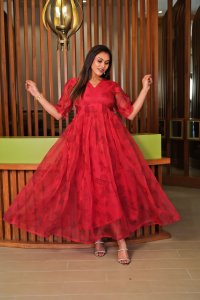 Floral Print Pure Organza Tomatopink Maxi Dress: Elegant Summer Fashion