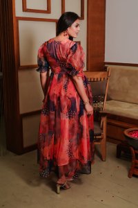Floral Print Pure Organza Red Blue Maxi Dress: Elegant Summer Fashion