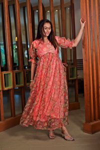 Floral Print Pure Organza Printed Maxi Dress Elegant Summer Fashion