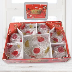 Rose Glass Pudding Dessert Ice Cream Bowl Set 7 PC