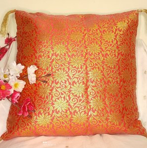 Light Pink and Golden, Brocade Fabric, 16X16 Inch size - Set of Five Cushion Covers with Golden Tassels for Sofa