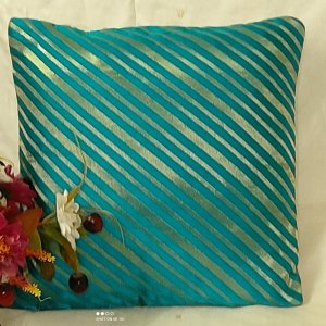 Turquoise blue with Golden Stripes, Mix silk Fabric, 16X16 Inch size - Set of Five Cushion Covers for Sofa