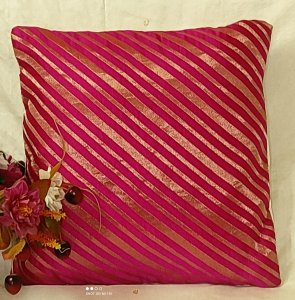 Pink Colour with Golden Stripes - Brocade Fabric - 16X16 Inch size - Set of Five Cushion Covers for Sofa