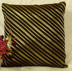 Black Colour with Golden Stripes, Brocade Fabric - 16X16 Inch size - Set of Five Cushion Covers for Sofa