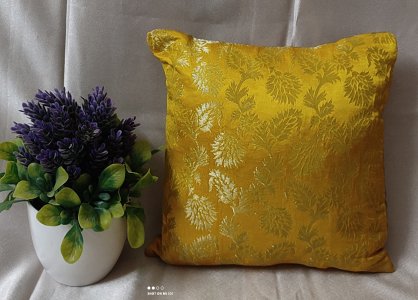Bright Yellow, Brocade Fabric, 16X16 Inch size - Set of Five Cushion Covers for Sofa