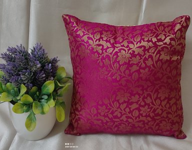 Fuchsia Pink Brocade Fabric, 16X16 Inch size - Set of Five Cushion Covers for Sofa