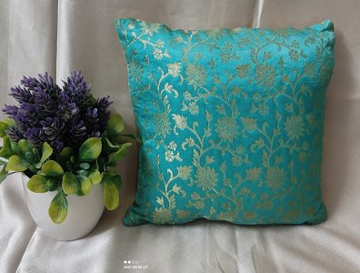 Turquoise blue  Brocade Fabric, 16X16 Inch size - Set of Five Cushion Covers for Sofa