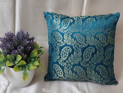 Ananda Blue and Golden Jacquard Brocade Fabric, 16X16 Inch size - Set of Five Cushion Covers for Sofa