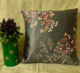 Grey with Pink Japanese flowers on a glossy thick smooth textured fabric, Set of 5 cushion covers