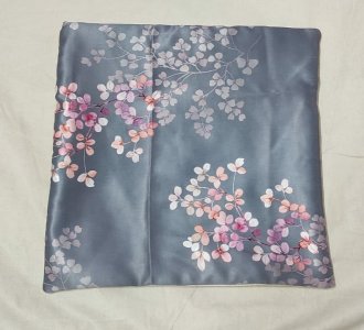 Grey with Pink Japanese flowers on a glossy thick smooth textured fabric, Set of 5 cushion covers