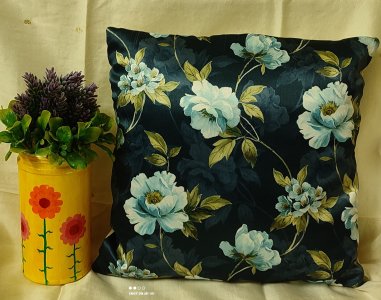 Dark blue colour with big flowers on thick glossy smooth textured fabric, set of 5 cushion covers