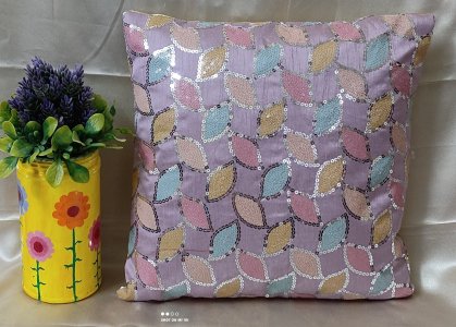 Lavender shade raw silk multi thread sequin embroidery , set of 5 cushion covers