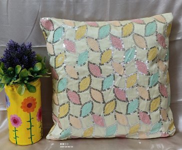 Cream shade raw silk multi thread sequin embroidery , set of 5 cushion covers